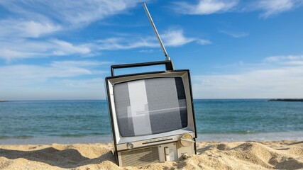 television with glitch next to the sea - 801270674