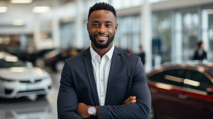 Fototapeta premium Portrait of a Confident Car Salesman Standing in a Showroom
