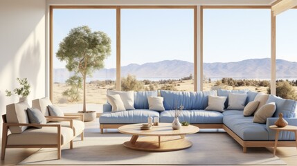 Blue sofa in a modern living room with large windows and a beautiful view of the mountains