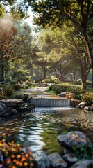 Obraz premium landscaped garden with a stone path and a small waterfall