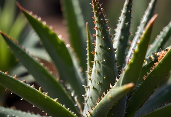 A close-up view of an aloe vera's spiky edges, its green leaves tapering into sharp points, covered in tiny serrations, generative AI