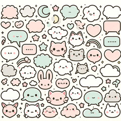 Obraz premium Cute Kawaii Animals and Speech Bubbles Pattern
