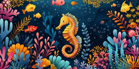 Undersea world with a seahorse and tropical fish