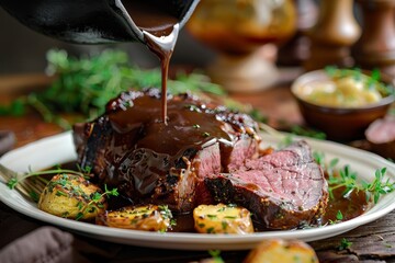 A traditional english roast beef dinner with gravy being poured