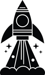 Rocket Launch Illustration in Silhouette Style, Black and white silhouette depicting a rocket launching with visible propulsion, surrounded by stars.