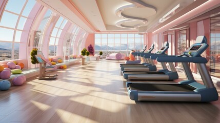 Pink and white modern gym interior with large windows