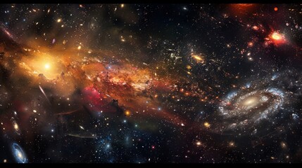 A digital composite image of the universe, featuring galaxies, stars, and nebulae arranged in a stunning cosmic panorama that stretches across the horizon