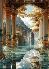 fantasy landscape with golden columns and blue water