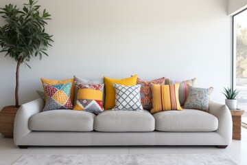 A sofa with a variety of colorful throw pillows