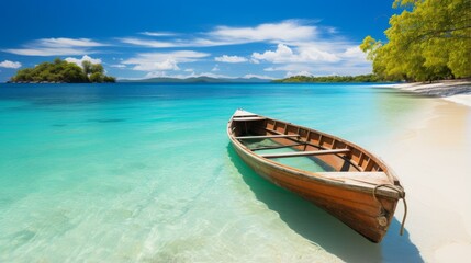 Fototapeta premium Wooden boat on a tropical beach with white sand and crystal clear water
