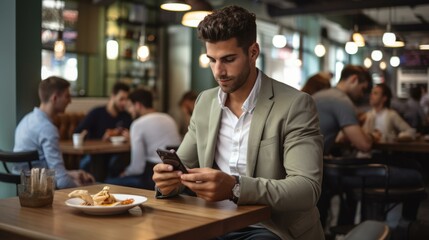 Young man sitting in a restaurant looking at his phone