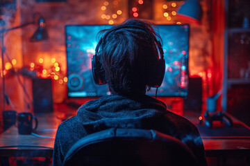 Obraz premium “Gamer’s Night” A gamer is engrossed in intense gameplay, surrounded by the ambient glow of colorful lights, creating a cozy and focused atmosphere