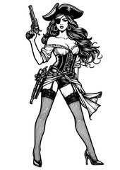 female pirates, poised with pistols and dressed in classic buccaneer attire sketch engraving generative ai fictional character PNG illustration. Scratch board imitation. Black and white image.