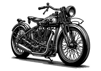 vintage motorcycle, showcasing the classic design and mechanical details in black and white sketch engraving generative ai PNG illustration. Scratch board imitation. Black and white image.