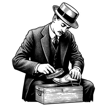 recommend clip art: gentleman carefully shining a shoe, depicting classic personal grooming sketch engraving generative ai fictional character PNG illustration. Scratch board imitation. Black and white image.
