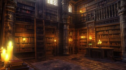 An ancient library with towering bookshelves, hidden alcoves, and magical glowing manuscripts. Resplendent.