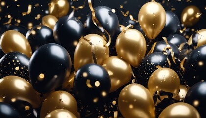 'confetti Banner empty Black background. Birthday Festive golden space text. holiday dark balloons party greeting balloon celebration invitation background christmas halloween colourful shiny co'