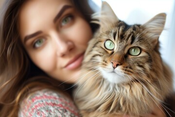 A beautiful young woman with long brown hair and green eyes is sitting on a couch and holding a large brown tabby cat with green eyes.