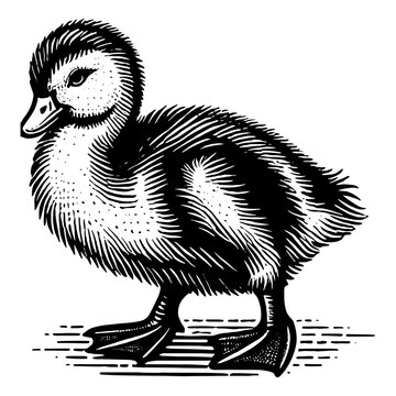 recommend clip art: adorable duckling, rendered in a detailed engraving style, exuding cuteness sketch engraving generative ai fictional character PNG illustration. Scratch board imitation. Black and white image.
