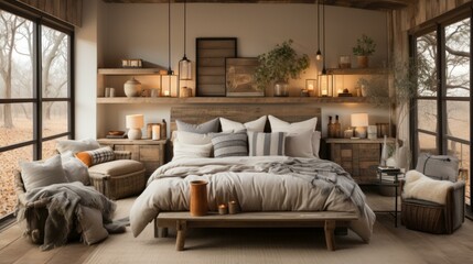 A cozy bedroom with a rustic, natural feel