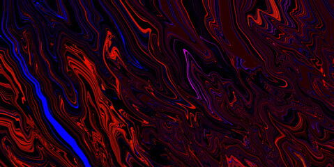 Dark neon light blue red wavy line on black background. Abstract liquid wave pattern. Art trippy glitch backdrop. Creative flyer. Card. Wallpaper. Glitched texture. Metaverse space. Global new tech.