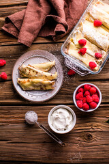 Crepes with cottage cheese , homemade traditional Ukrainian dish nalysnyky