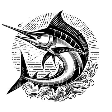 recommend clip art: sailfish blue marlin fish sketch engraving generative ai fictional character PNG illustration. Scratch board imitation. Black and white image.