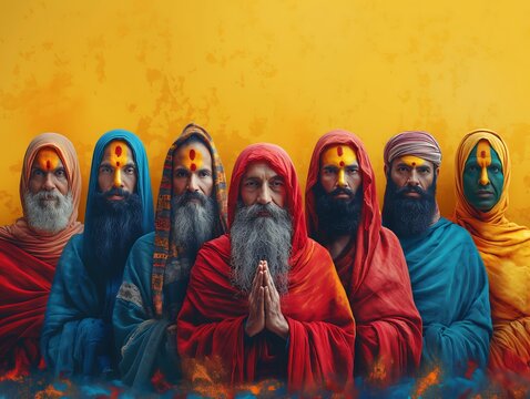 Seven Hindu men dressed in colorful traditional attire, against a vivid orange background, symbolizing unity and harmony