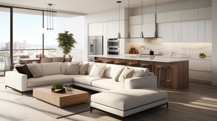 An illustration of a modern living room and kitchen with a large sofa, coffee table, dining table, and kitchen island