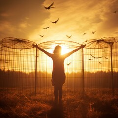 girl in a cage with birds flying around her