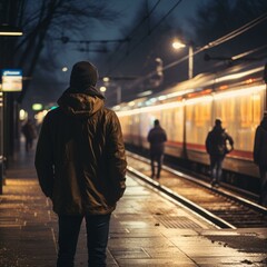 Obraz premium Man in a jacket standing on a train platform at night with a blurred train in the background