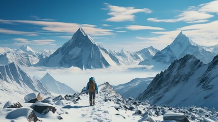A lone climber makes their way through the snow-covered mountains.