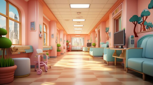 An illustration of a colorful and bright hospital hallway