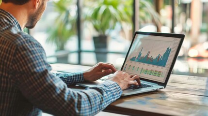 A businessman analyzing financial data on a laptop with graphs of stock market trends