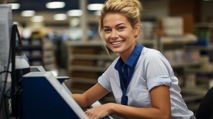 Portrait of a smiling young woman working at a cash register in a supermarket