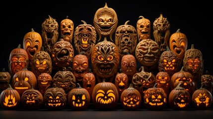 A collection of intricately carved pumpkins with various designs and styles, perfect for Halloween decorations.