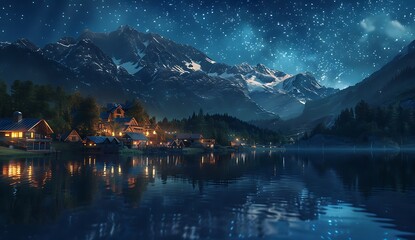 ountain landscape at night, with snowcapped peaks reflecting in the clear water of an ancient lake. A small cabin sits beside it, illuminated by moonlight and stars above. - Powered by Adobe