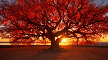 Huge maple tree with branches full of red leaves in the middle of a field during sunset