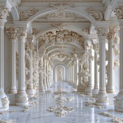 Elegant white marble corridor with ornate columns and arches