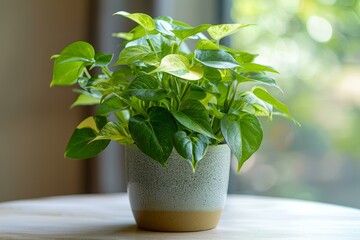 A Potted Pothos Plant on a Wooden Table