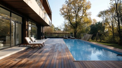 Luxurious wooden deck by a swimming pool in a serene 1000-square-meter area. AI Generative.