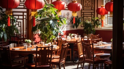 Fototapeta premium Ornate Traditional Chinese Restaurant Interior With Red Lanterns