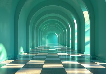 3D rendering of an arched hallway with checkerboard floor tiles