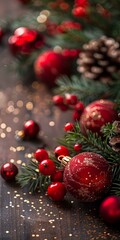 Red and green Christmas ornaments on a wooden background