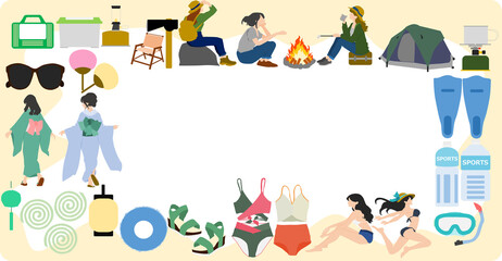 夏にアウトドアを楽しむフレームイラスト