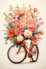 A bicycle with a basket full of flowers on white background. - obrazy, fototapety, plakaty