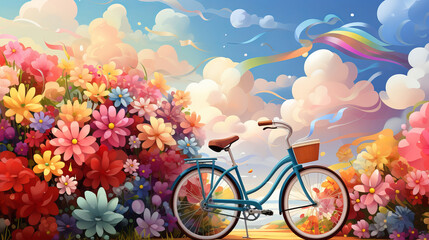 A bicycle with a basket full of flowers on colorful natural background.