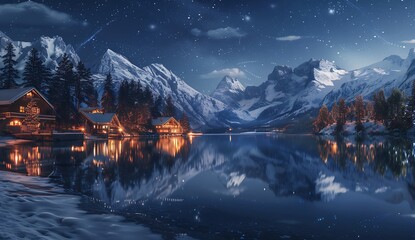 ountain landscape at night, with snowcapped peaks reflecting in the clear water of an ancient lake. A small cabin sits beside it, illuminated by moonlight and stars above.