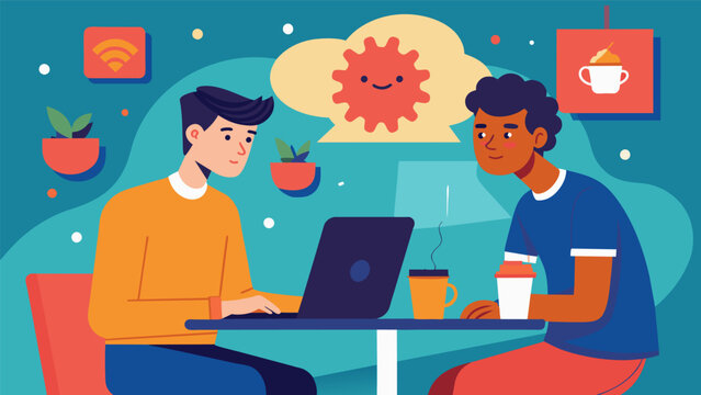 In a busy coffee shop a young man with Tourettes syndrome types furiously on his laptop delving into the complexities of moral relativism with his. Vector illustration