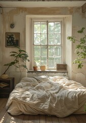 A bedroom with a large window, a bed, and a few plants